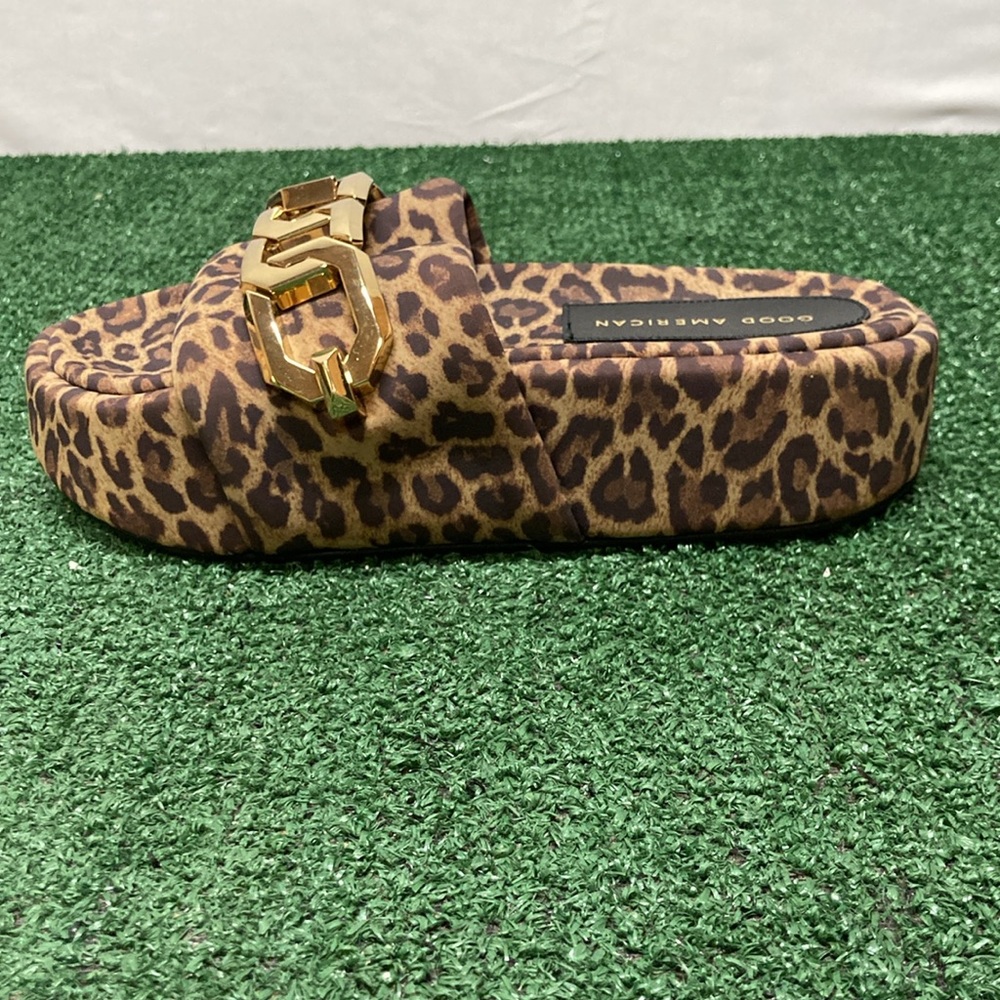 Good American Leopard Print Platform Slide Sandals with Gold Chain - Picture 6 of 10
